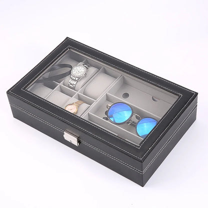 Multi-Grids Pu Leather Watch And Glasses Organizer